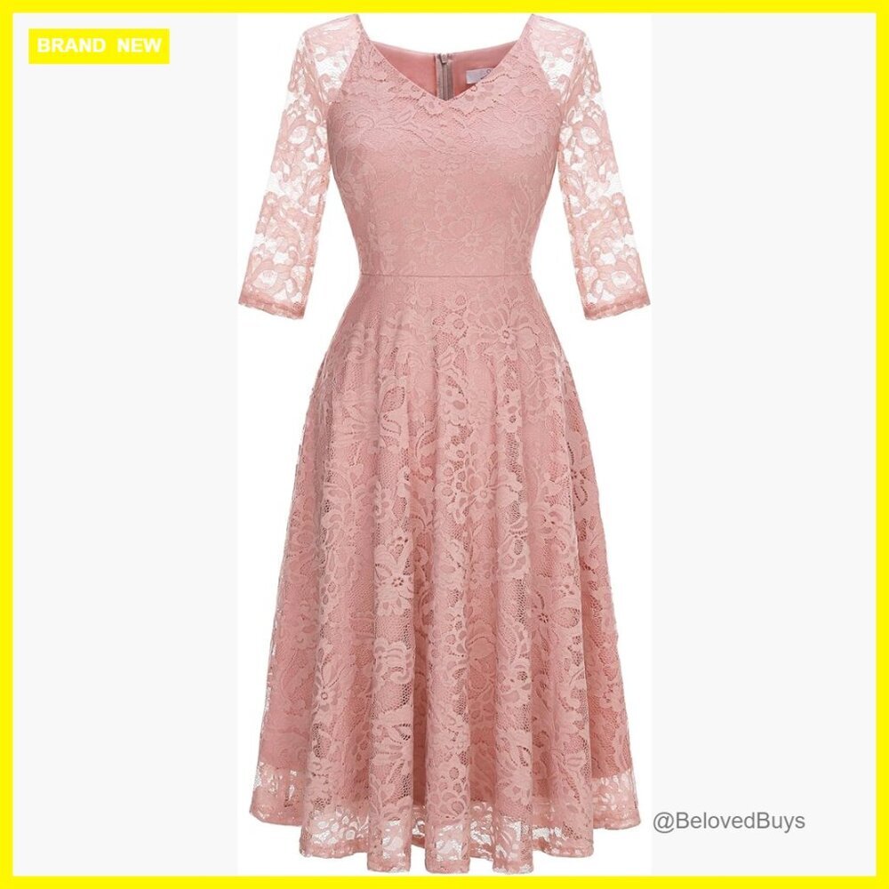 Long Sleeve Lace A-Line Midi Dress Formal Wedding Guest Cocktail Party